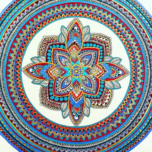 14 X 17 mandala drawn with black ink. Colored with blue, red, pink, teal, gold, peach, and red acrylics, finished with golden paint dots. 

SOLD OUT! 