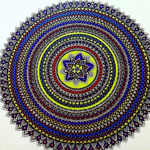 14 X 17 mandala drawn on white art paper. It is colored in with blue, red, purple, lime green, dark green, dark blue, and gold marker, and finished with gold paint dots. 

SOLD OUT!!