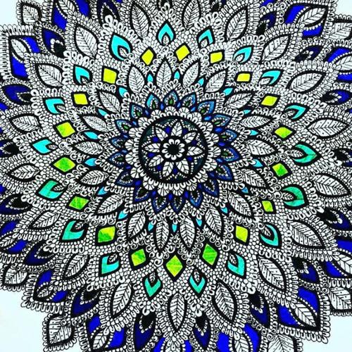 9 X 12 flower mandala drawn in with black ink and colored in with dark blue, light blue, lime green, and teal ink pens. 

SOLD OUT! 

