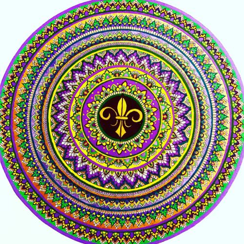 14  X 17 white paper mandala drawn in black pen and painted in with purple, gold, yellow, green, and metallic purple and green acrylics, as well as gold gliding paint. Central symbol is a Fleur de Lis colored in with gold gliding paint. 

Item is unframed.

Price: $300.00